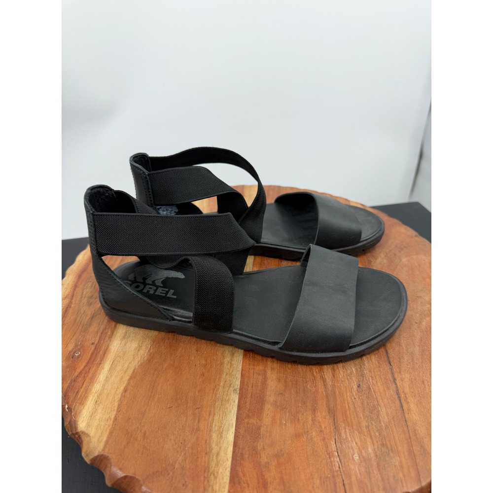 Sorel Ella II Sandal Womens 5.5 Black Leather Elastic Strappy Flat NL4041-010